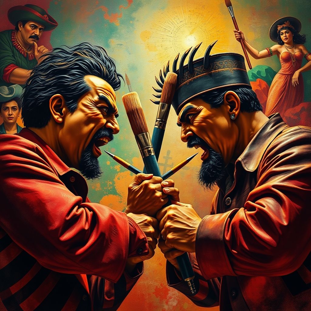 Una representación artística de Diego Rivera y David Alfaro Siqueiros enfrentándose, pinceles y armas entrelazadas, expresiones faciales intensas, fondo de murales mexicanos.
