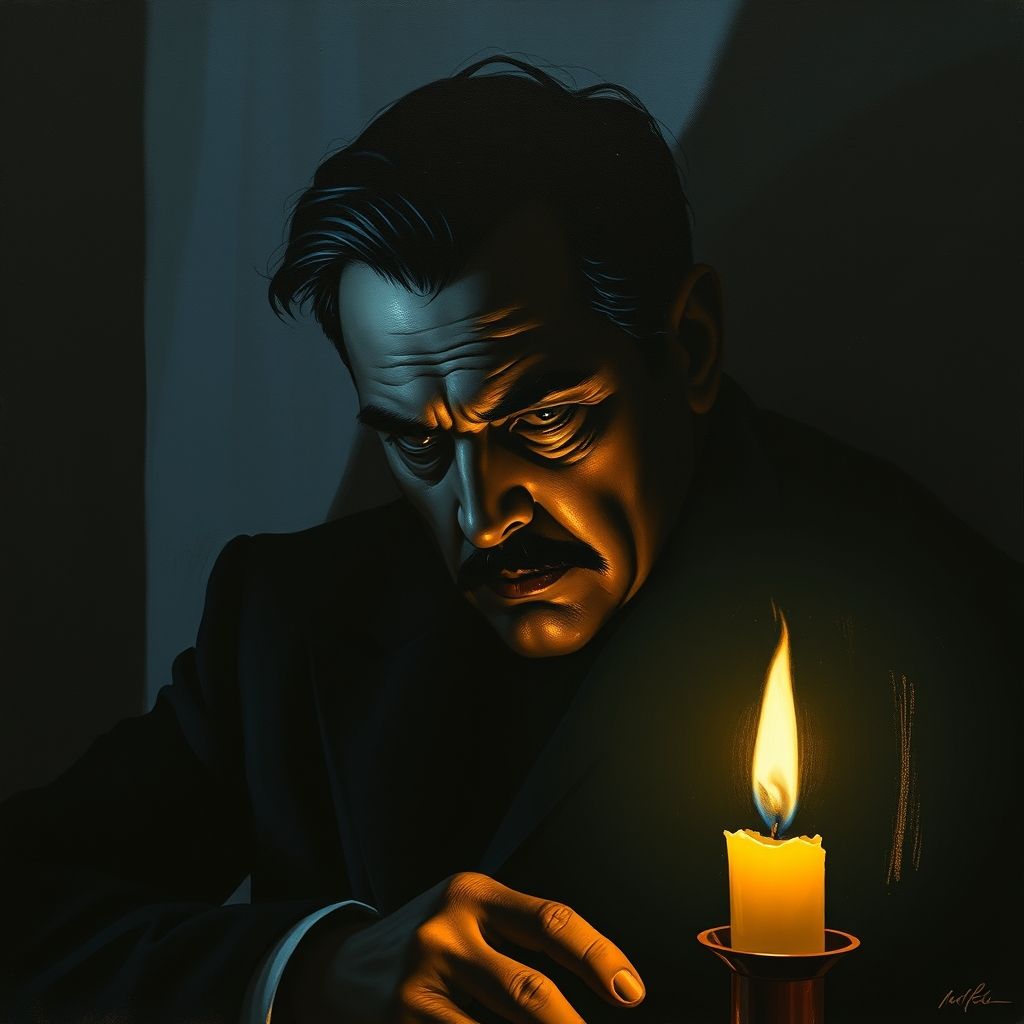 Una imagen sombría de Diego Rivera con una sombra proyectada que se asemeja a Leon Trotsky, ambiente de misterio y conspiración, estilo expresionista.