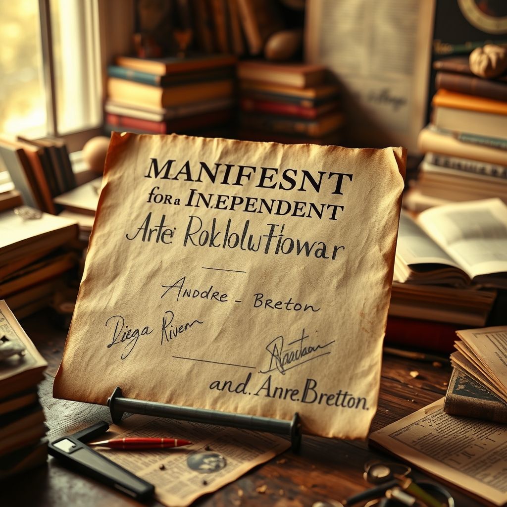 Una copia del 'Manifiesto por un Arte Revolucionario Independiente' con las firmas de Diego Rivera y André Breton, estilo de documento antiguo, ambiente intelectual y revolucionario.