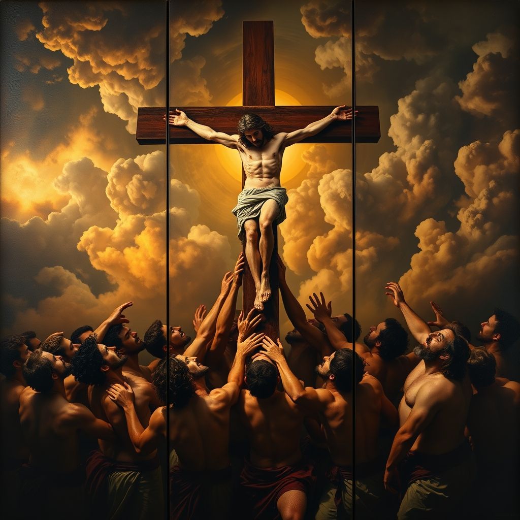 Un tríptico mostrando un grupo de hombres musculosos levantando una gran cruz con Jesús en ella, colores ricos y dramático claroscuro, estilo barroco.