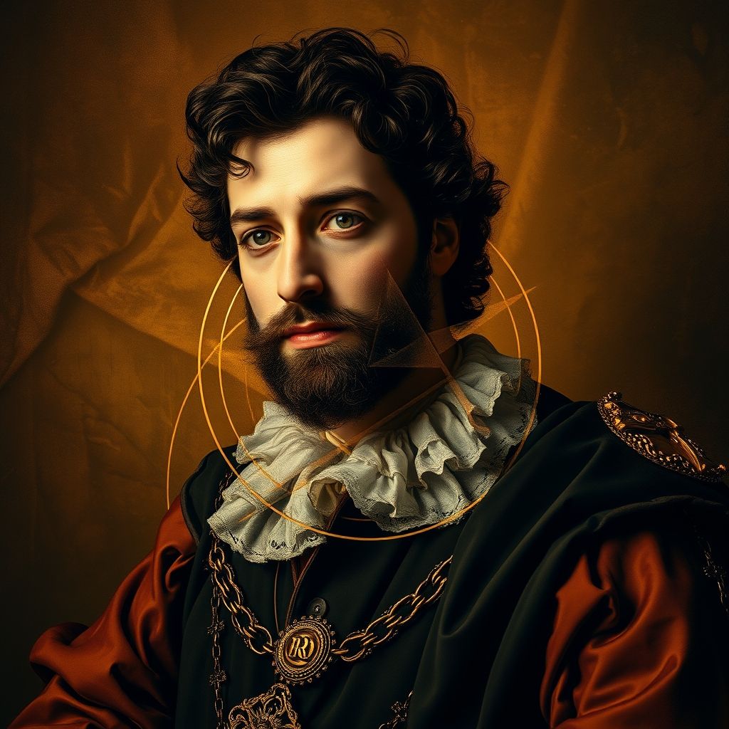 Un retrato de Rubens con una superposición sutil del símbolo de la rosa cruz, representando una posible conexión con el movimiento Rosacruz.