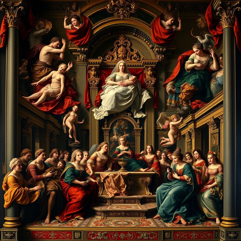 Una serie de grandes pinturas alegóricas que representan la vida de María de Médici, incluyendo escenas de su nacimiento, matrimonio y coronación, colores ricos y estilo barroco.