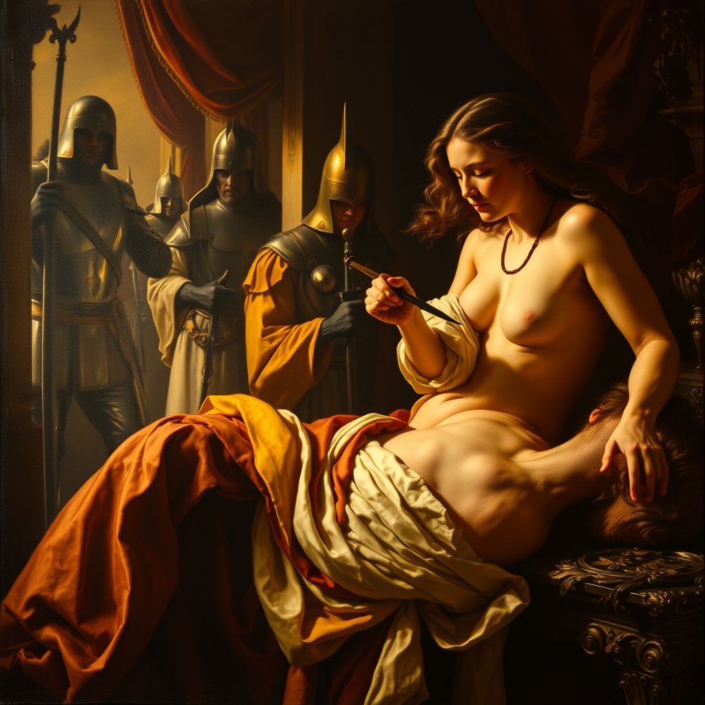 Una pintura que muestra a Dalila cortando el pelo de Sansón mientras duerme, con soldados acechando en el fondo, colores ricos y dramático claroscuro, estilo barroco.