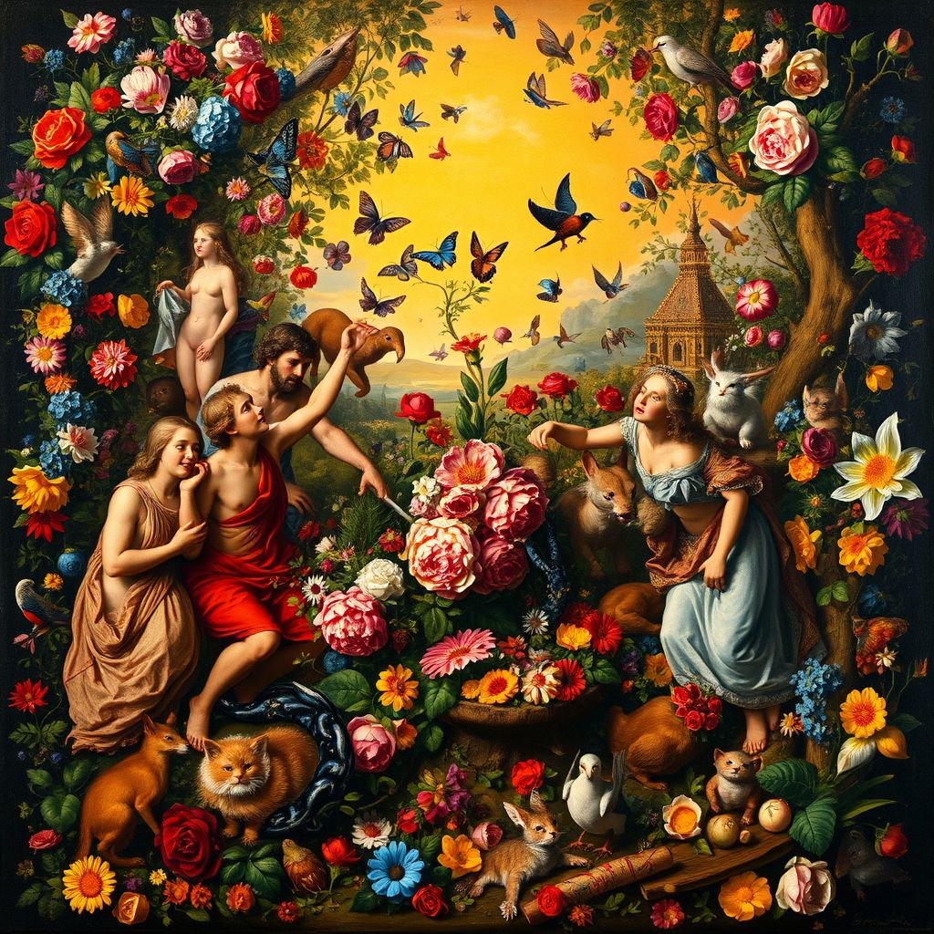 Una pintura de los 'Sentidos', mostrando una exuberante escena con figuras, flores, animales y objetos que representan los diferentes sentidos, con una clara distinción entre el estilo de Rubens para las figuras y el estilo de Brueghel para los detalles.