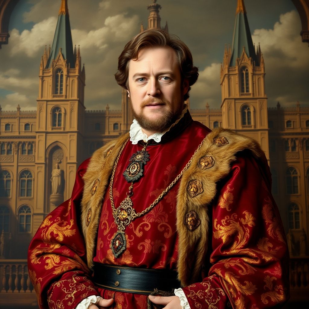 Un retrato de Peter Paul Rubens vestido con ropa formal como diplomático, parado frente a un telón de fondo de un castillo o una corte real.