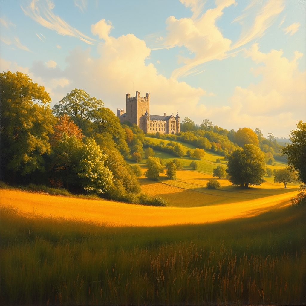 Una pintura del Castillo de Steen y sus alrededores, mostrando un paisaje rural con campos, árboles y el castillo en la distancia, pintado en el estilo de Rubens.