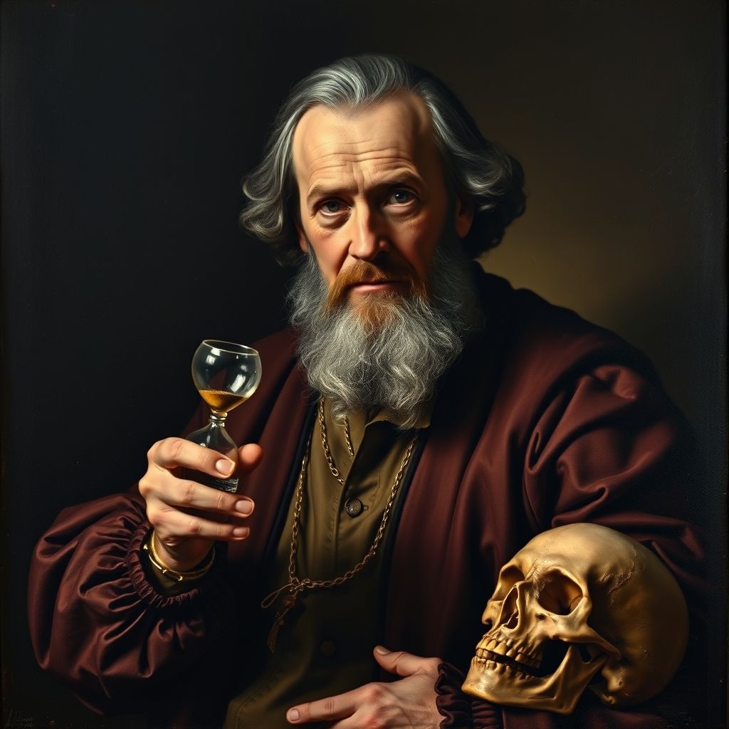 Un retrato de Rubens en sus últimos años, con una sutil indicación de enfermedad o fatiga, quizás con un reloj de arena o una calavera como símbolo de mortalidad.