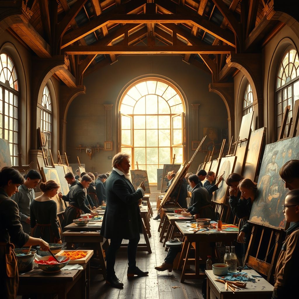 Una escena que representa el taller de Rubens, con numerosos asistentes trabajando en diferentes pinturas, y Rubens supervisando su trabajo.