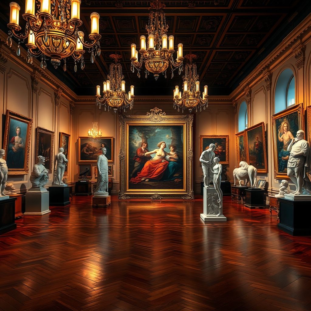 Una representación del interior de la galería de arte de Rubens, mostrando varias pinturas y esculturas de diferentes períodos y estilos.