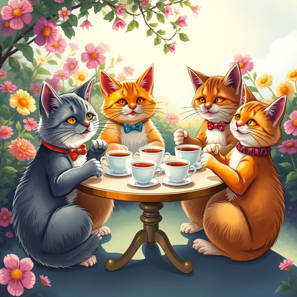 Una ilustración de Louis Wain que muestra a gatos antropomórficos bebiendo té en una mesa, con un estilo caricaturesco y vibrante.
