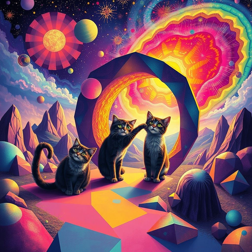 Una representación psicodélica de una de las ilustraciones de gatos de Louis Wain como un portal que conduce a un universo interdimensional lleno de formas geométricas y colores extraños.