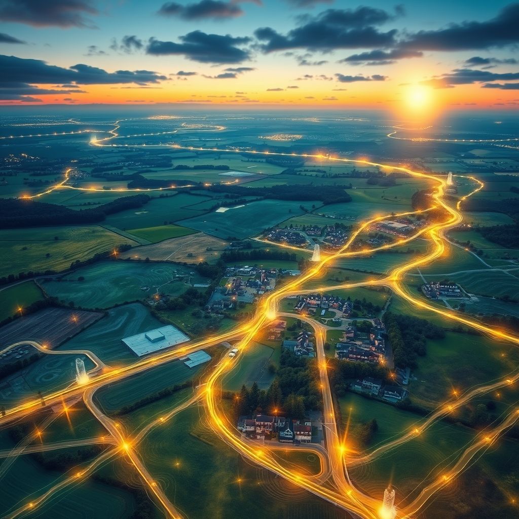 Una vista aérea de la zona en la que vivió Louis Wain, superpuesta con líneas ley brillantes y patrones de energía, destacando la posible conexión con el arte de Wain.