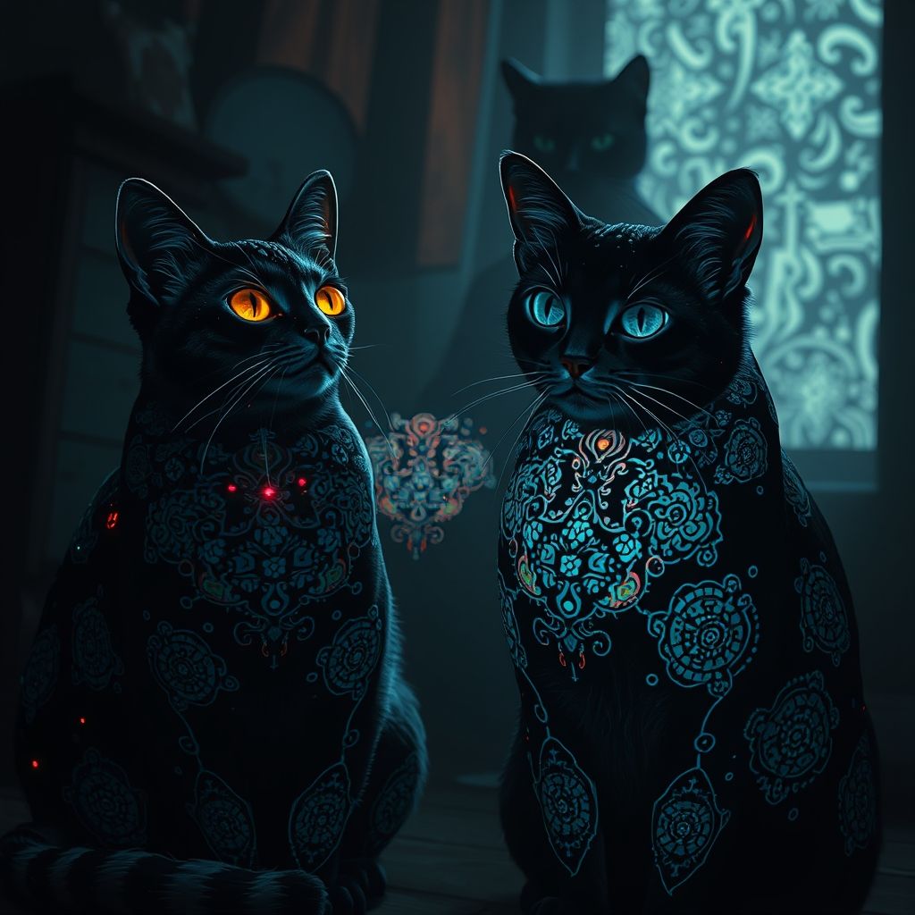 Una representación oscura y distópica de gatos con implantes cibernéticos que proyectan patrones hipnóticos, con una silueta de Louis Wain observando inconscientemente en el fondo.