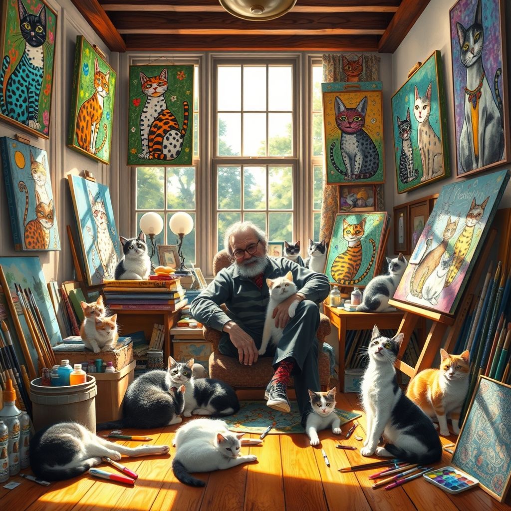 Una imagen de Louis Wain en uno de sus asilos, rodeado de gatos y materiales de arte.