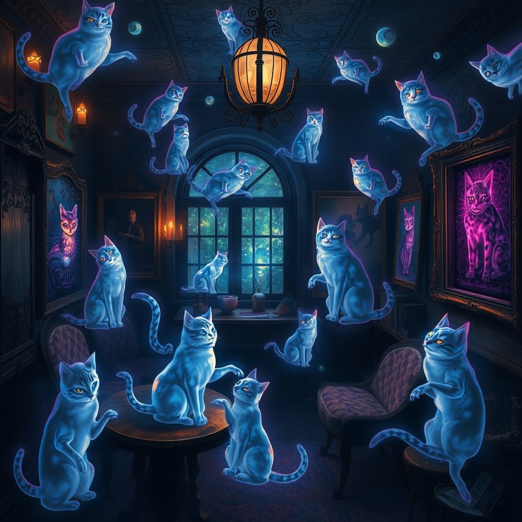 Una representación artística del estudio de Louis Wain, con símbolos ocultistas sutiles y un aura misteriosa, con fantasmas de gatos revoloteando alrededor.