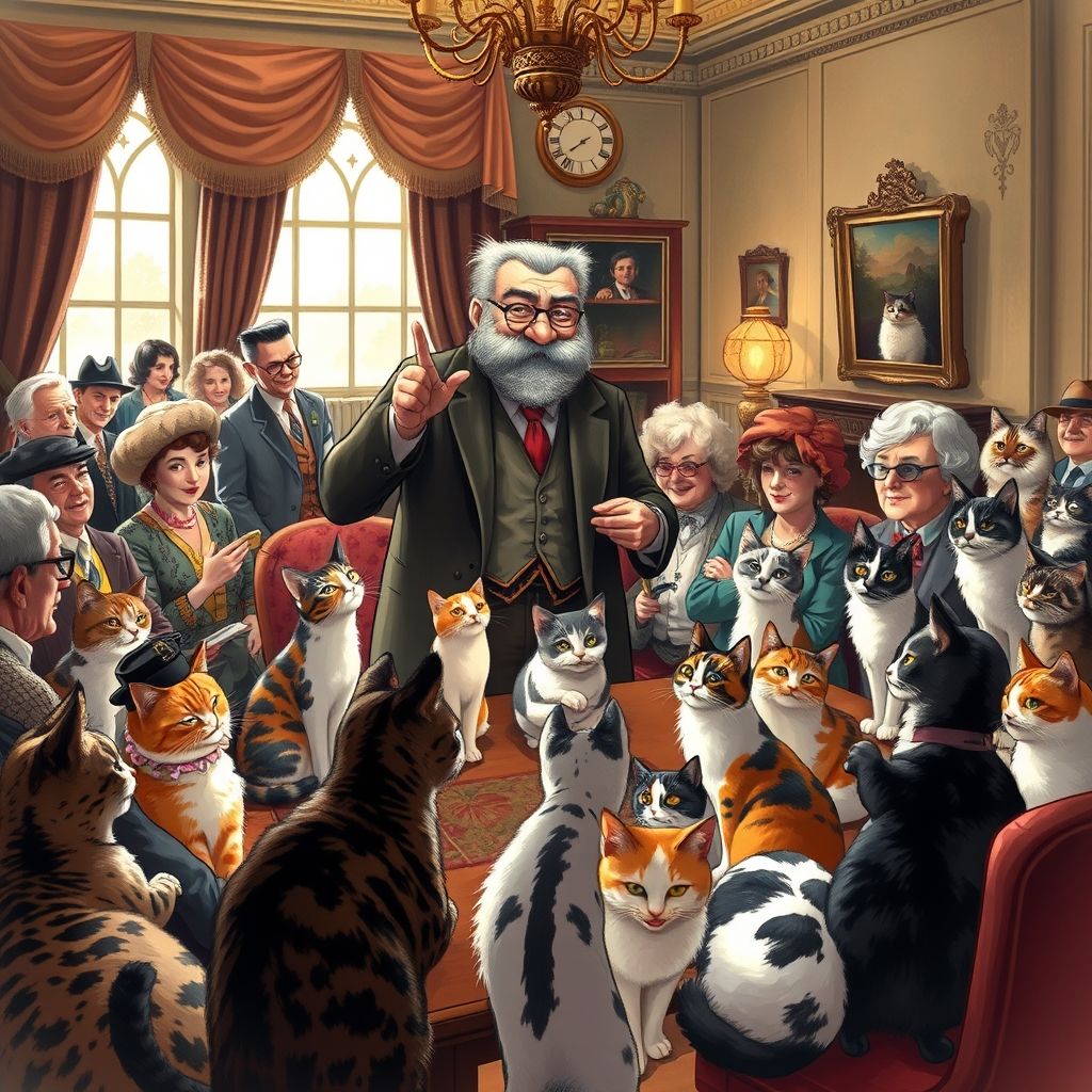 Una fotografía de Louis Wain presidiendo una reunión del National Cat Club, rodeado de miembros y varios gatos de raza.