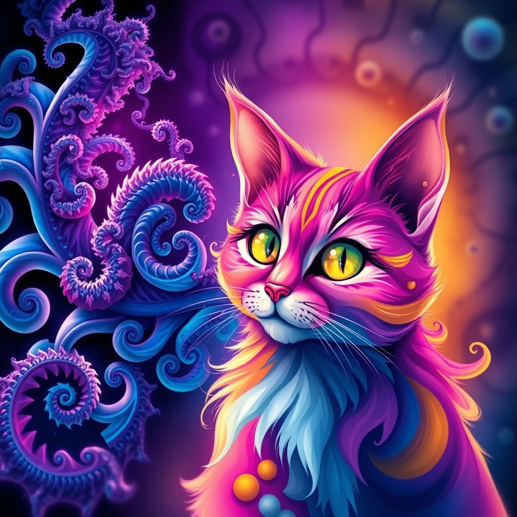 Una ilustración que yuxtapone un fractal matemático con una ilustración de gato abstracta de Louis Wain, destacando las similitudes en los patrones.
