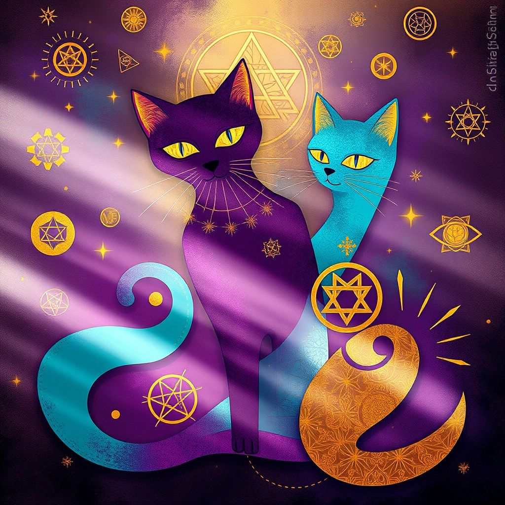 Una superposición sutil de símbolos teosóficos sobre una de las ilustraciones abstractas de gatos de Louis Wain, creando una atmósfera misteriosa.