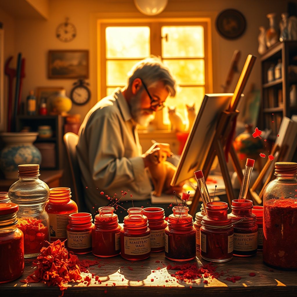 Una imagen de pigmentos de pintura antiguos, resaltando los que contienen mercurio, con una representación sutil de Louis Wain trabajando en su arte en el fondo.