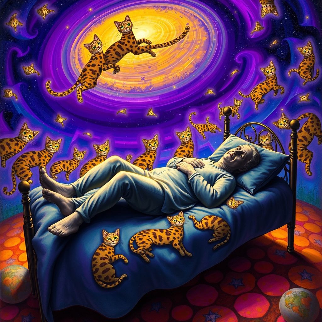 Una interpretación surrealista del cuerpo de Louis Wain yacido en la cama mientras su espíritu flota por encima, contemplando un universo de diseños de gatos caleidoscópicos.