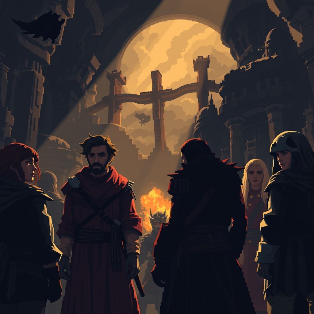 Captura de pantalla del videojuego 'Gods Will Be Watching' mostrando personajes en pixel art con iluminación dramática y entorno detallado, evocando una pintura barroca.