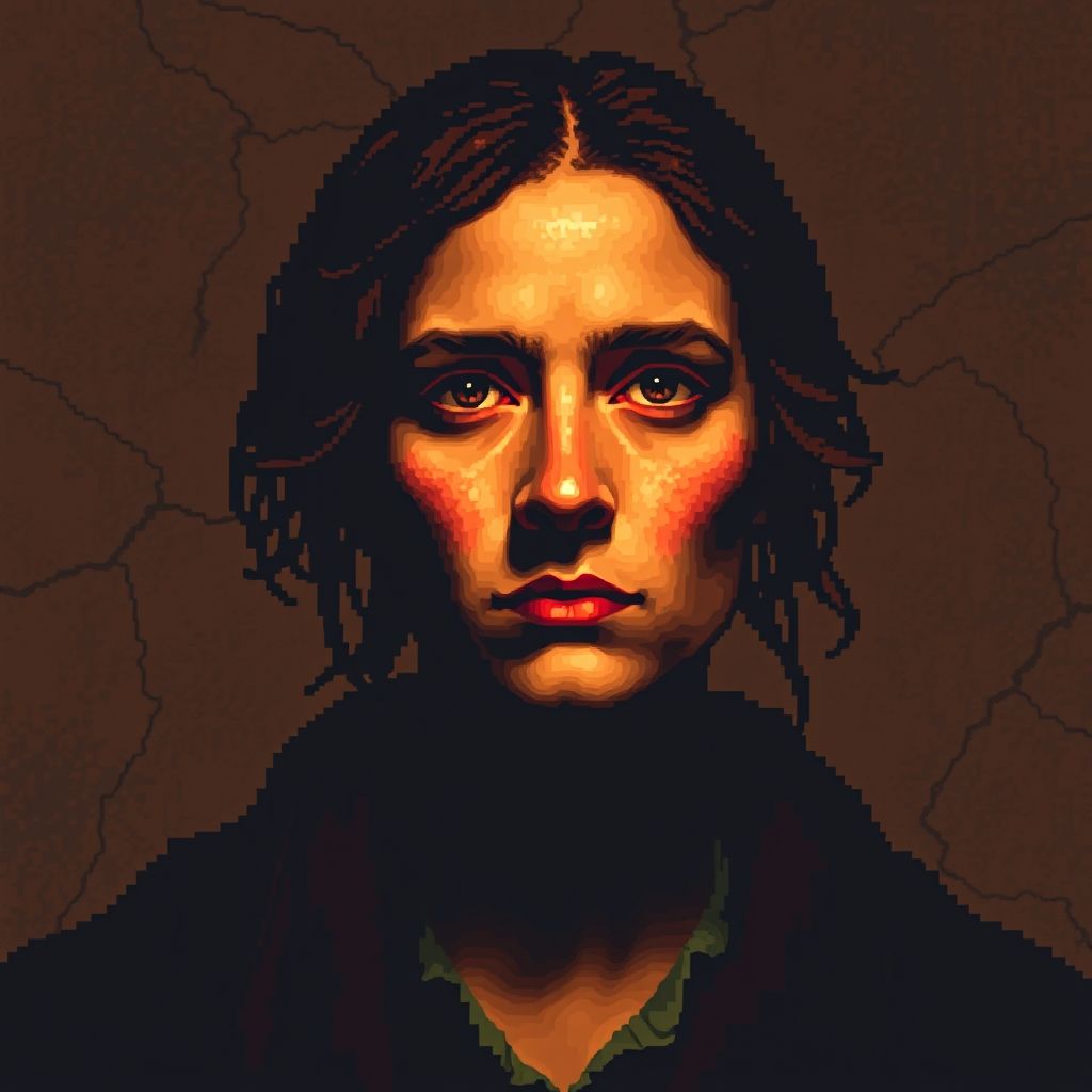 Un retrato en pixel art que imita el estilo de Rembrandt, mostrando una figura con iluminación dramática y texturas detalladas renderizadas con píxeles.