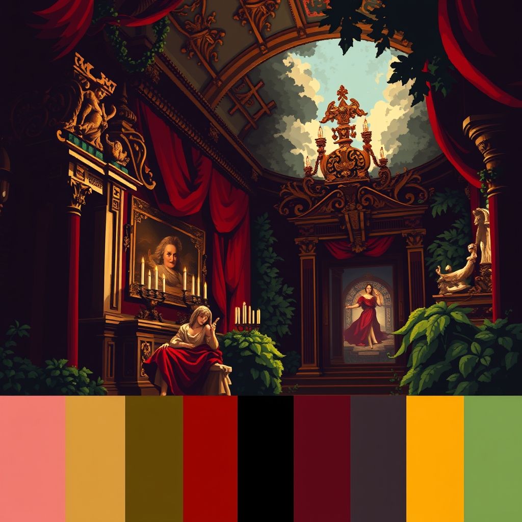 Una paleta de colores utilizada en el arte barroco, junto con un ejemplo de pixel art que utiliza esa paleta para crear un efecto similar.