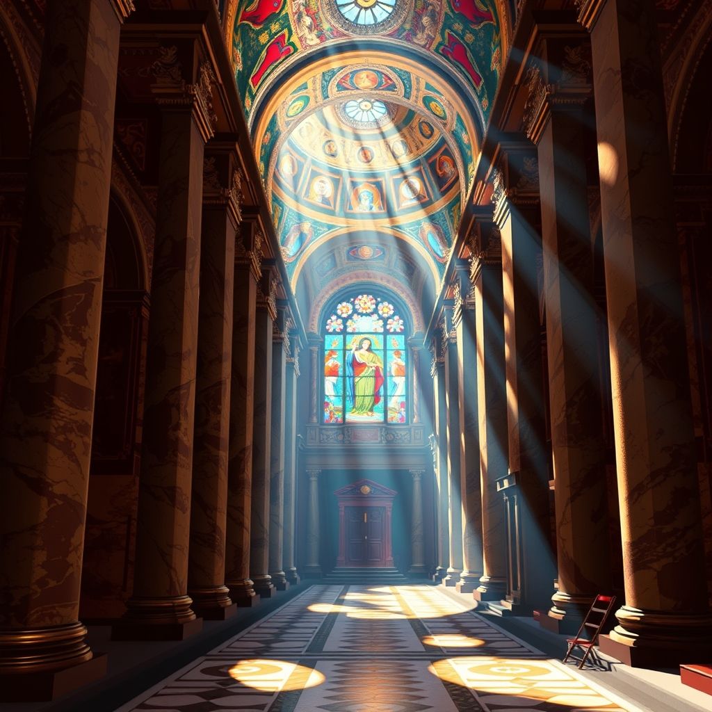 Captura de pantalla de un videojuego de aventuras de apuntar y hacer clic de la década de 1990 ambientado en el Vaticano, que muestra pixel art detallado de la arquitectura barroca y las obras de arte.