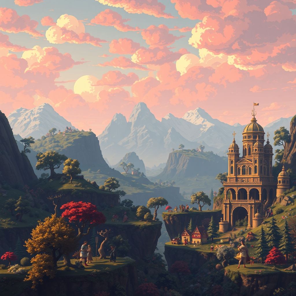 Una captura de pantalla de un videojuego modificado con texturas reemplazadas por versiones en pixel art de famosas pinturas barrocas.