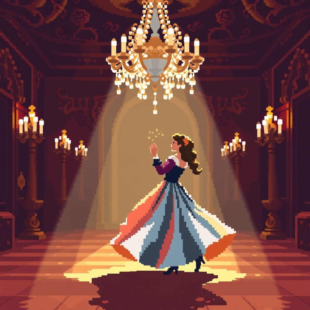 Un pequeño GIF animado de baja resolución inspirado en el arte barroco, que muestra movimiento y luz utilizando pixel art.