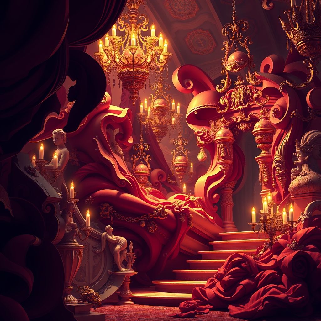 Una imagen generada por IA en resolución de 8 bits que intenta imitar el estilo del arte barroco, mostrando formas abstractas e iluminación inspirada en pinturas barrocas.