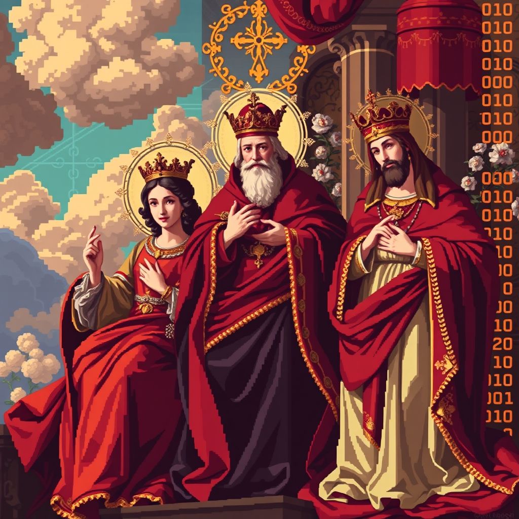 Un NFT que representa una obra de arte barroca de 8 bits, que combina temas religiosos o mitológicos con una estética pixelada y elementos de la cultura de Internet.