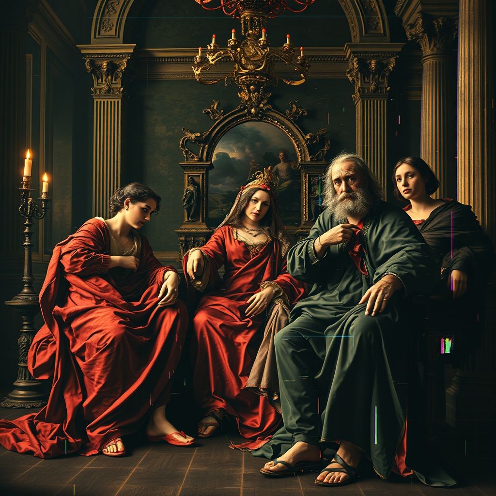 Una imagen de arte glitch que combina una pintura barroca clásica con elementos de pixel art corruptos, creando una imagen visualmente perturbadora.