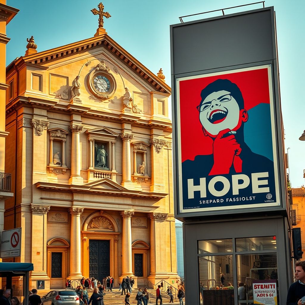 La fachada de Il Gesù en Roma al lado del cartel 'Hope' de Shepard Fairey, mostrando la yuxtaposición de dos estilos artísticos distintos.