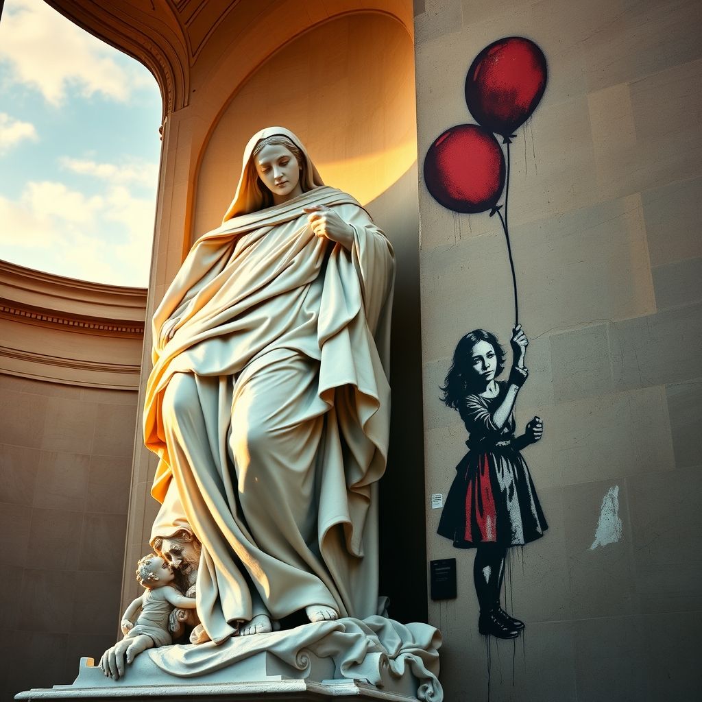 Una imagen de la 'Éxtasis de Santa Teresa' de Bernini colocada junto a la 'Girl with Balloon' de Banksy, mostrando la yuxtaposición de intensidad emocional en ambas obras.