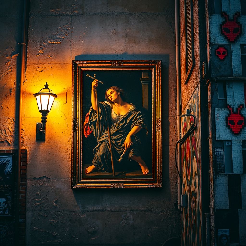 Una comparación de una pintura de Caravaggio que utiliza el claroscuro dramático con un mosaico de arte callejero de Invader en un entorno urbano.
