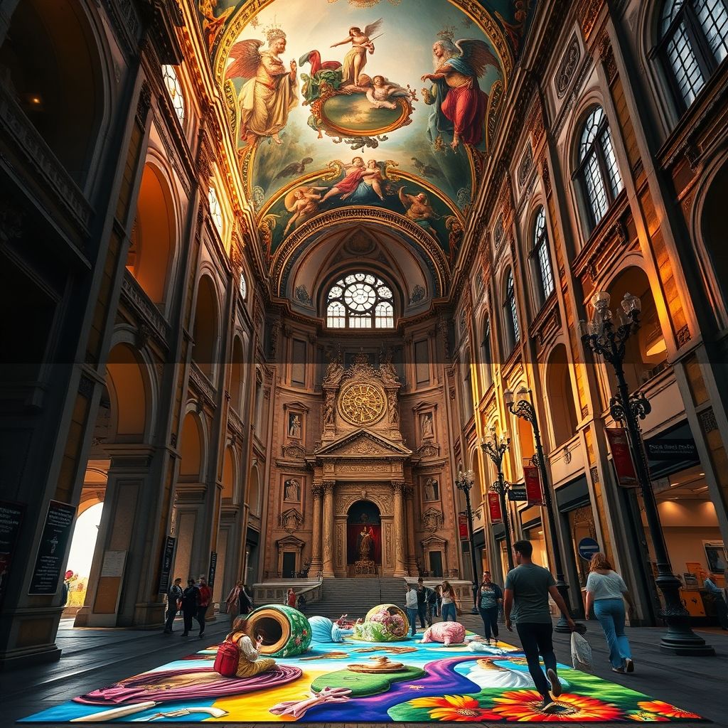 Una comparación de una pintura barroca de trompe-l'oeil en un techo de iglesia con una obra de arte de pavimento en 3D de Kurt Wenner en una calle de la ciudad.
