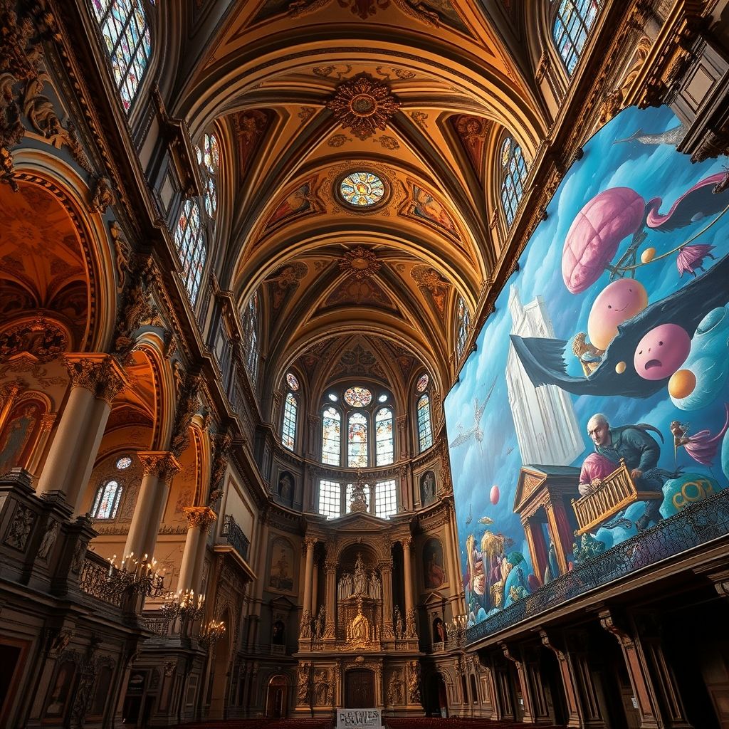El interior de una iglesia barroca que representa un Gesamtkunstwerk, yuxtapuesto a un mural inmersivo a gran escala de Os Gêmeos en un edificio de la ciudad.