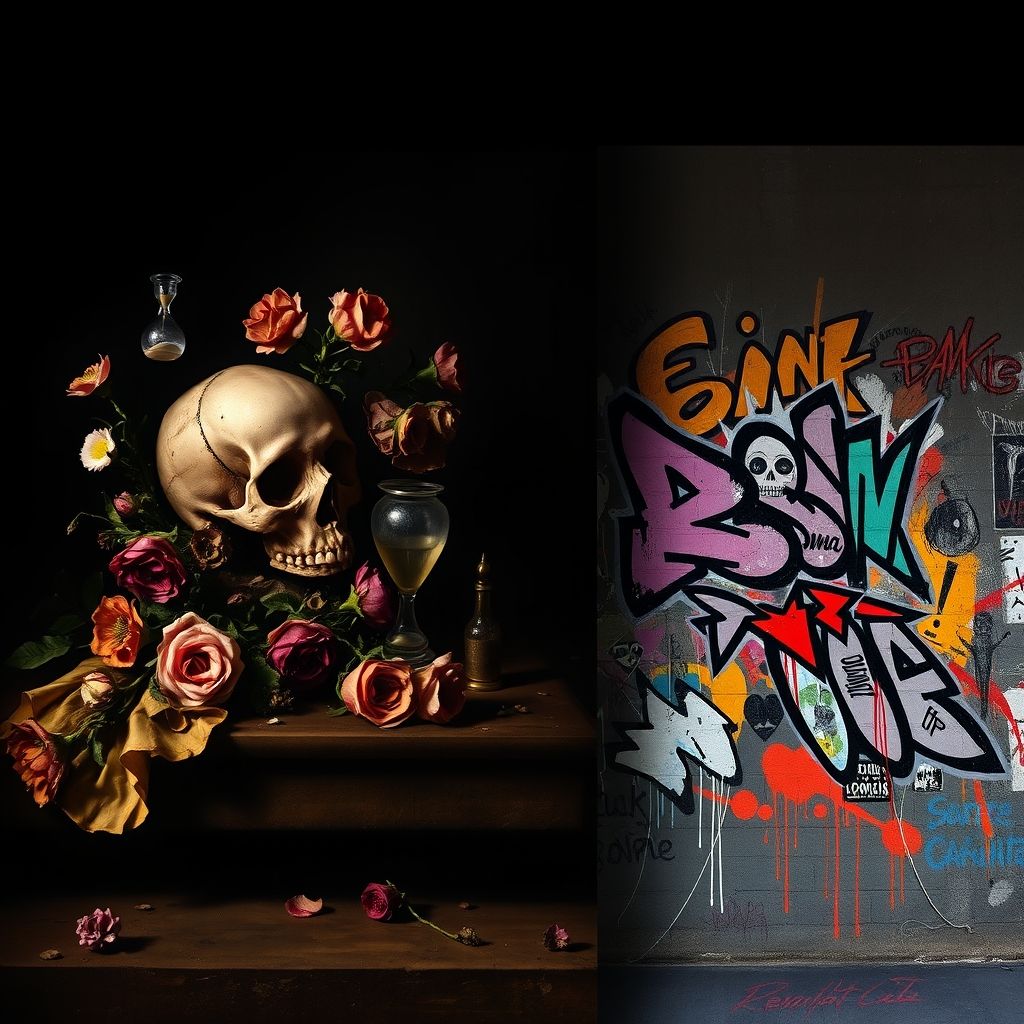 Una pintura de vanitas barroca con una calavera y otros símbolos de mortalidad, contrastada con una pintura de arte callejero de Basquiat que incluye motivos de memento mori.