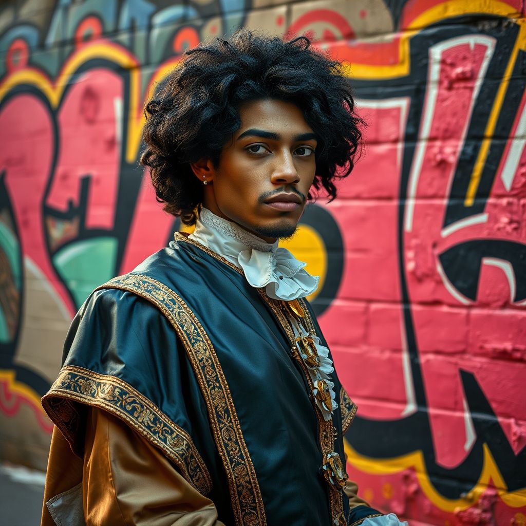 Un retrato de un castrato barroco yuxtapuesto con una imagen de graffiti en una pared de la ciudad, representando formas contrastantes de expresión e identidad.