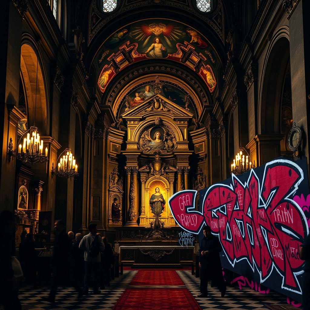 Una pieza de arte de la Contrarreforma yuxtapuesta con un ejemplo de détournement situacionista, destacando la manipulación ideológica y la subversión artística.