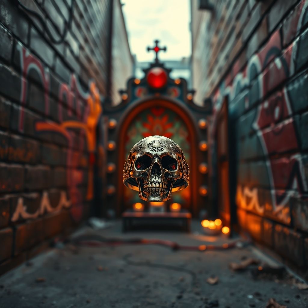 Un anillo memento mori barroco con una calavera yuxtapuesto a un altar oculto de arte callejero en un callejón de la ciudad.