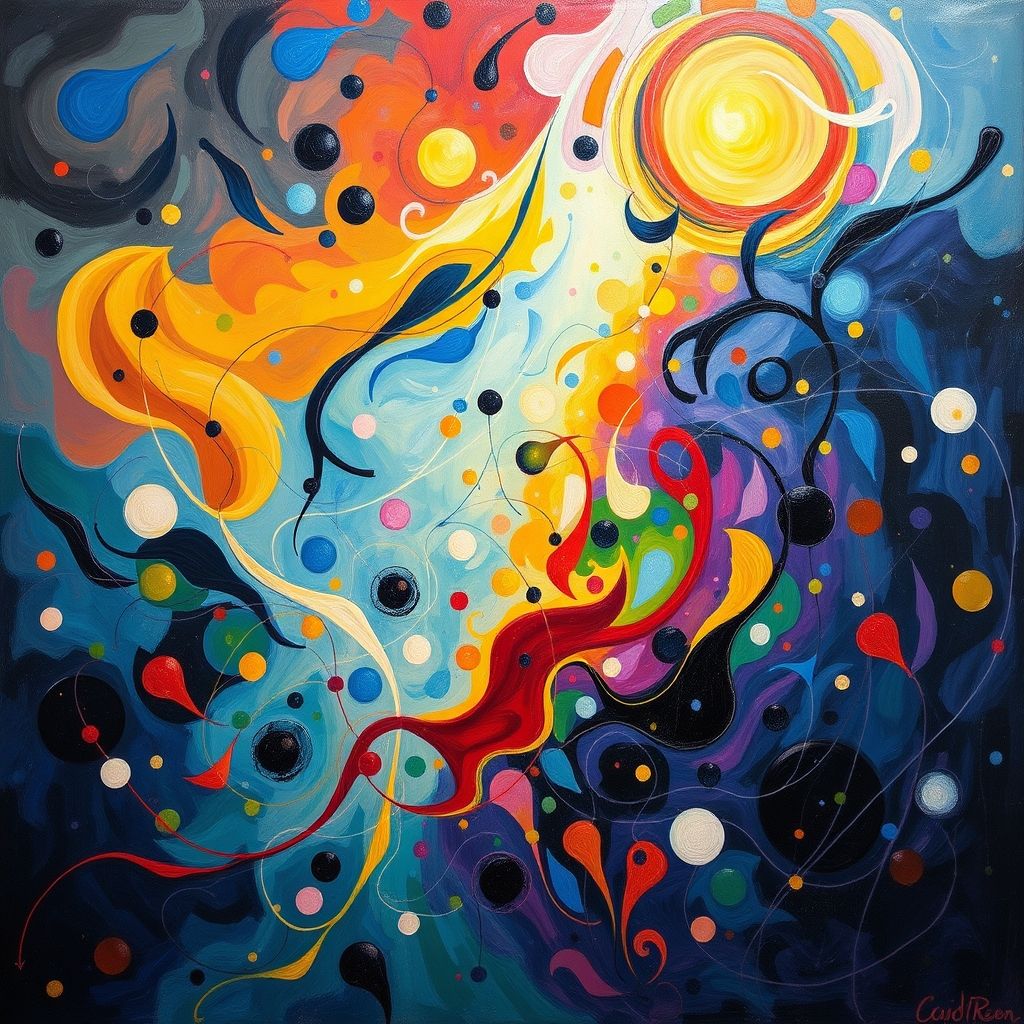 Pintura expresionista del Jinete Azul, mostrando colores vibrantes y formas abstractas, evocando la espiritualidad y el arte folclórico.