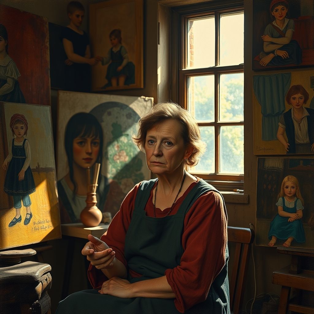 Retrato de Paula Modersohn-Becker en su estudio, rodeada de sus pinturas de campesinos y niños, mostrando un estilo expresionista y primitivo.