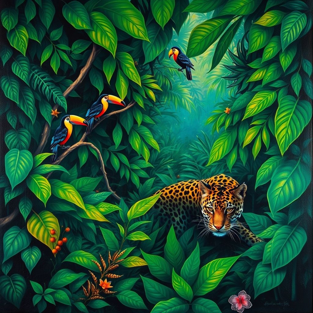 Pintura de la jungla de Henri Rousseau, mostrando follaje exuberante, animales exóticos y una cualidad onírica e imaginativa.