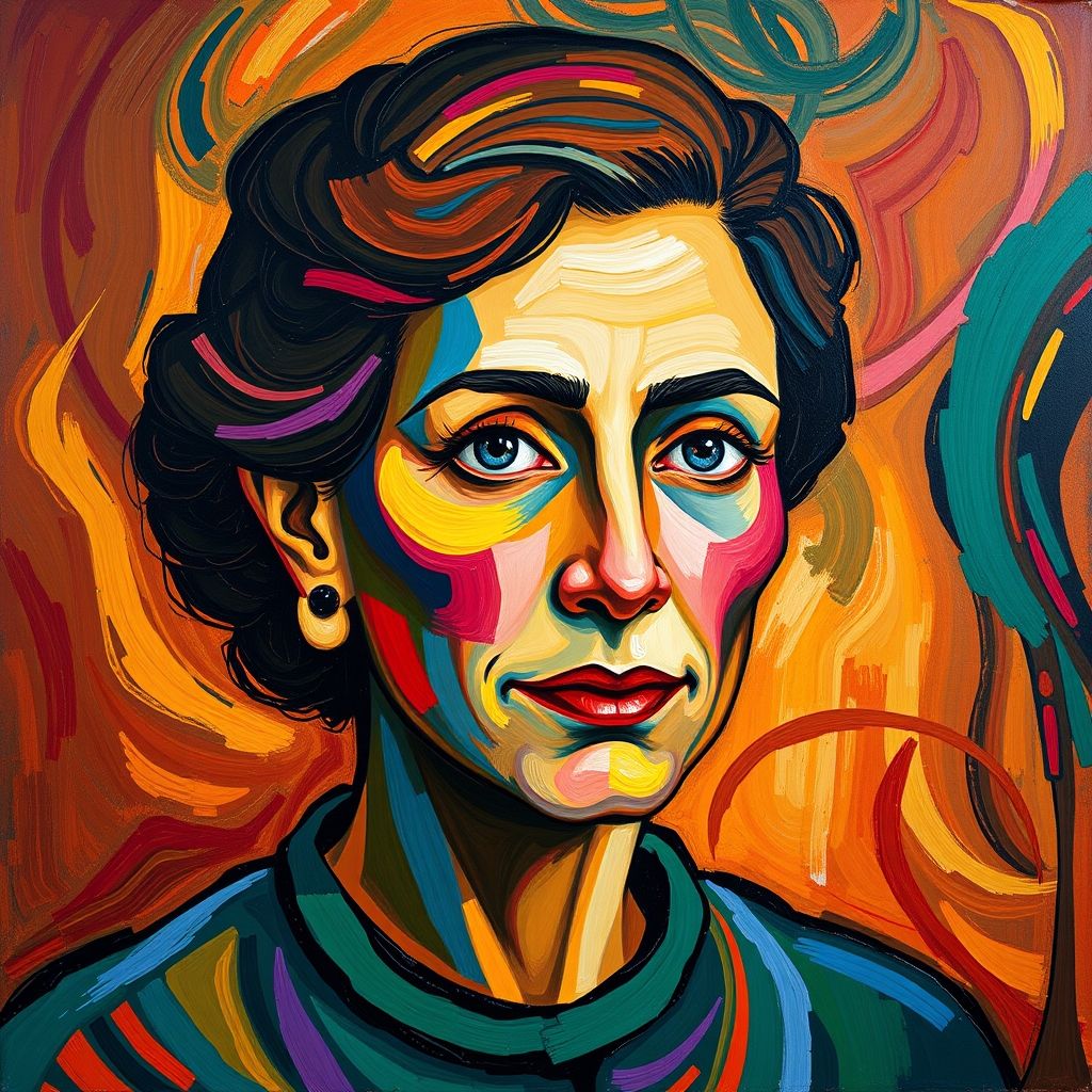 Autorretrato expresionista de Gabriele Münter, mostrando colores vibrantes y una representación simplificada de sus rasgos, reflejando la influencia del arte folclórico.