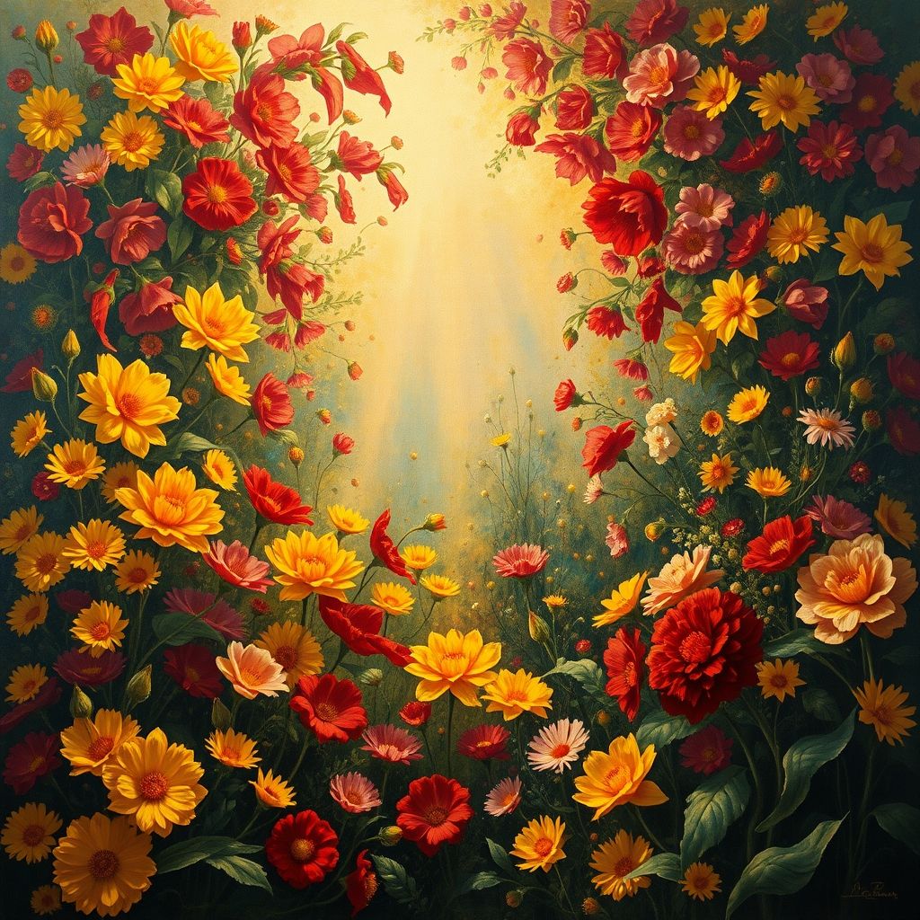 Una pintura de Séraphine Louis, mostrando flores exuberantes y detalles intrincados, con colores vibrantes y una calidad casi religiosa.