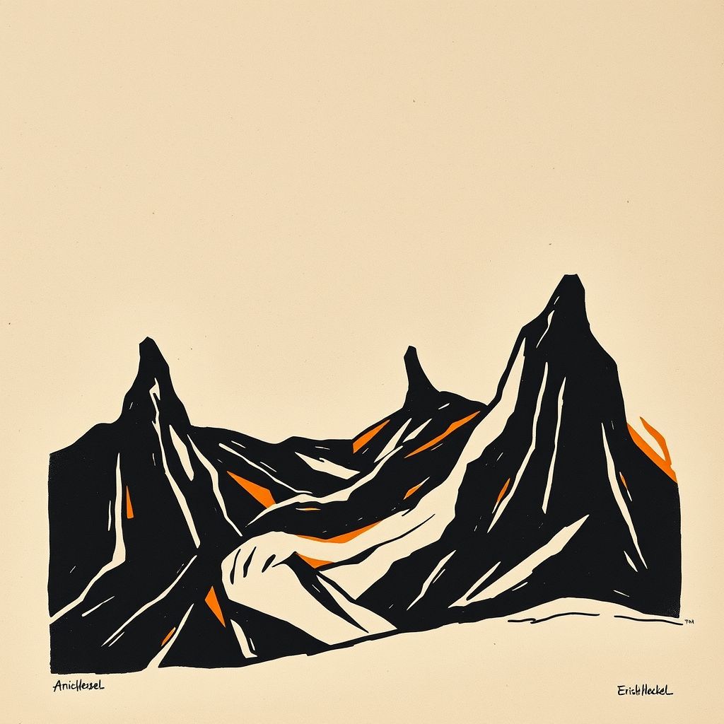 Un grabado en madera de Erich Heckel, mostrando líneas angulares y formas simplificadas, transmitiendo una sensación de crudeza y emoción.