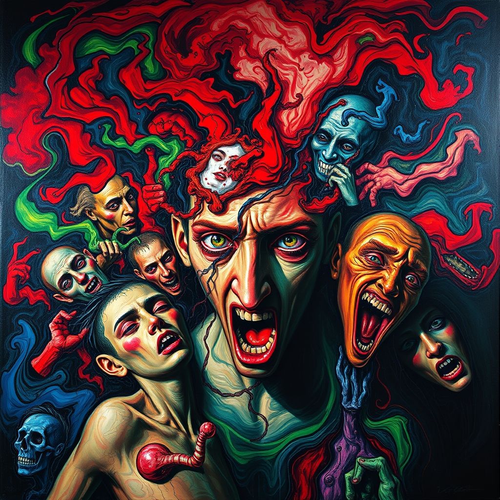 Una obra de arte de la Colección Prinzhorn, mostrando imágenes extrañas y expresivas, colores vibrantes y una sensación de perturbación emocional.