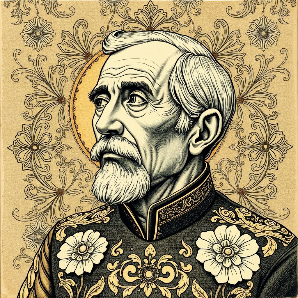 Un dibujo intrincado de Adolf Wölfli, mostrando patrones decorativos elaborados, imágenes fantásticas y una calidad casi obsesiva.